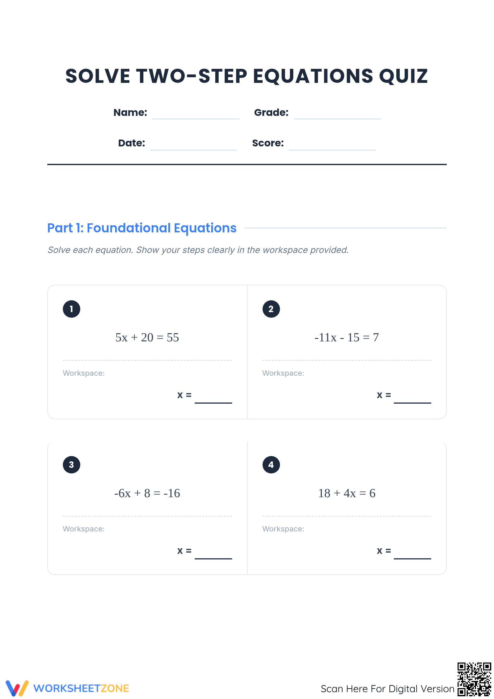 Solve Two-Step Equations Quiz | Essential Grade 7-8 Math - Page 1
