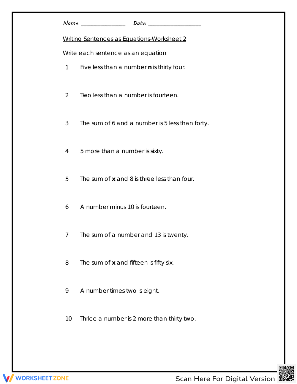 Writing Sentences as Equations - Worksheet 2 - Page 1
