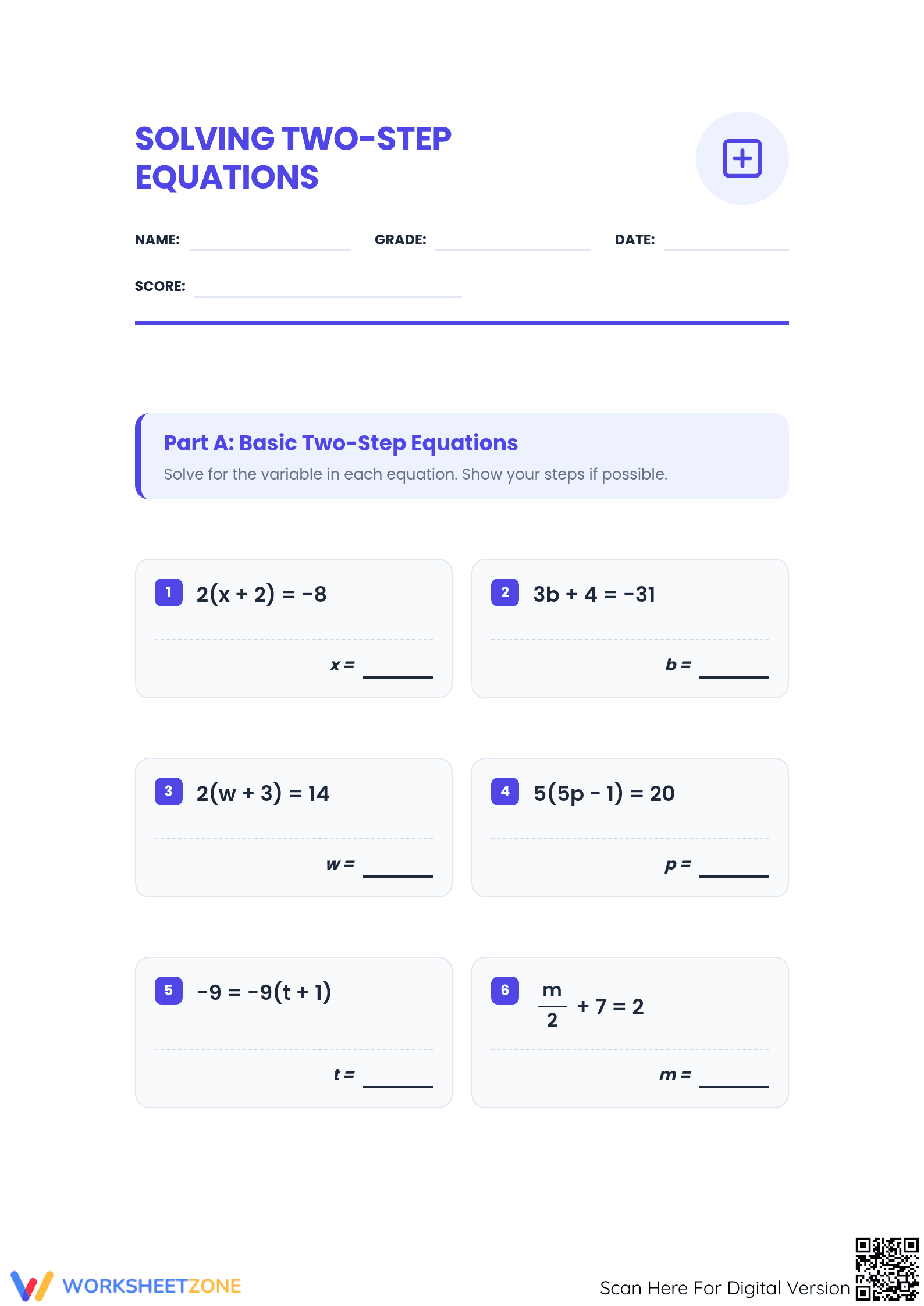 Printable Two-Step Equations Worksheet | Grade 7 Math - Page 1
