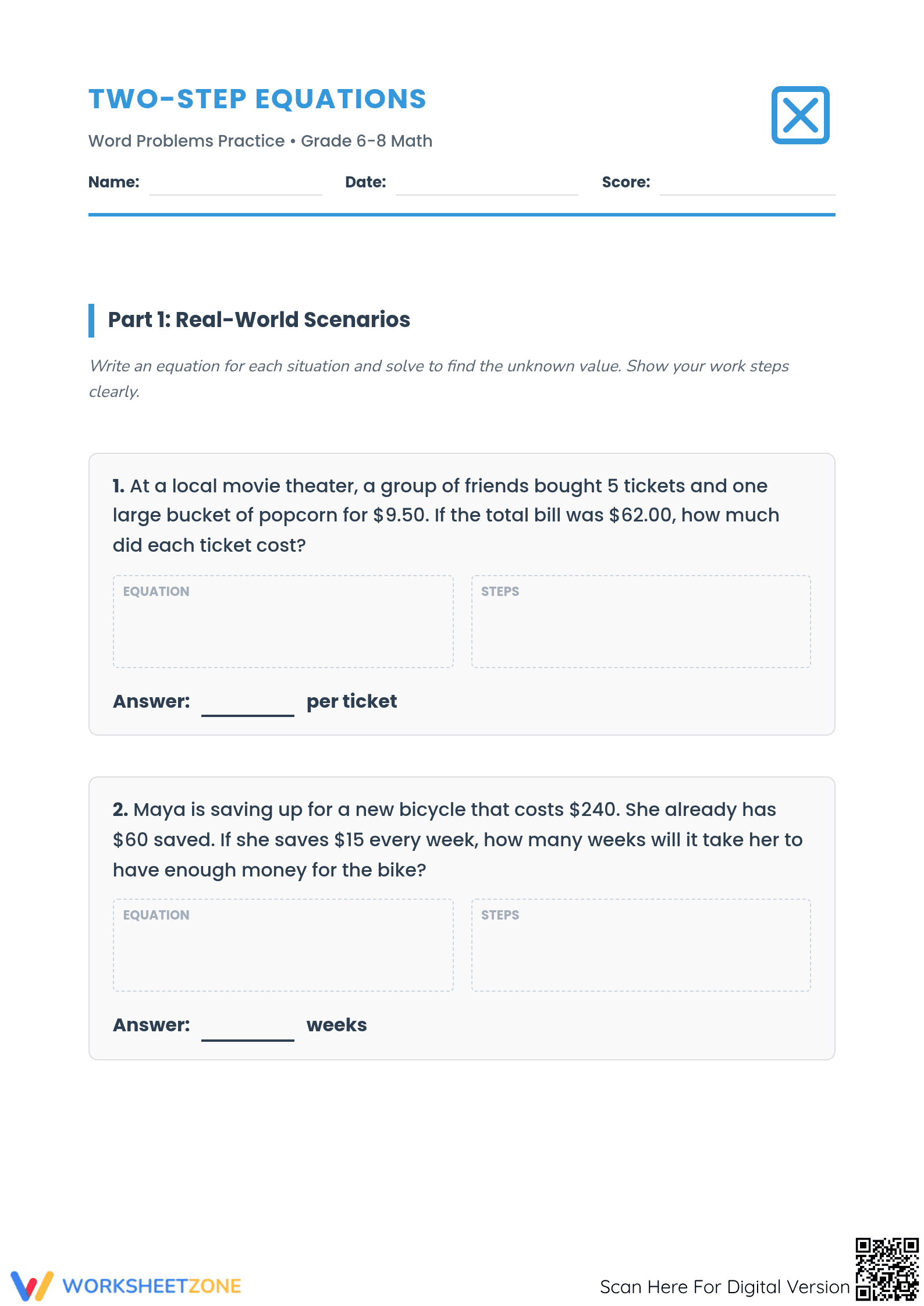 Printable Two-Step Equations Word Problems | Grade 7 Math - Page 1