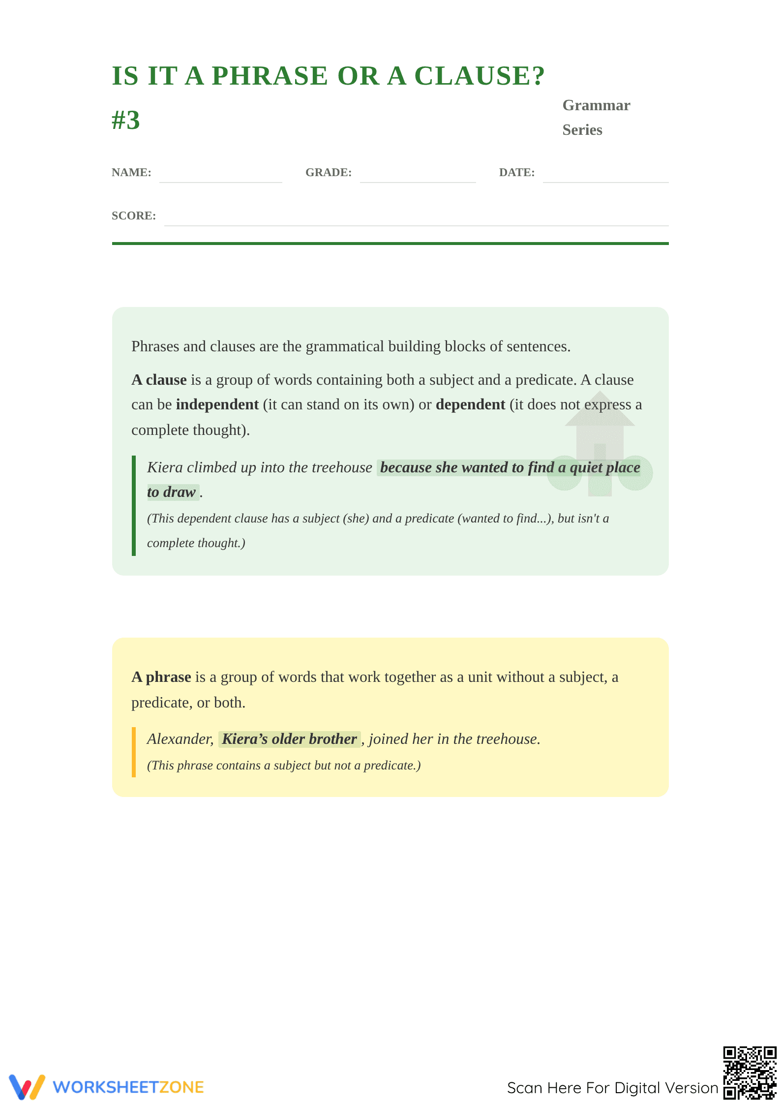 Phrases and Clauses Worksheet | Grade 7 ELA Printable - Page 1