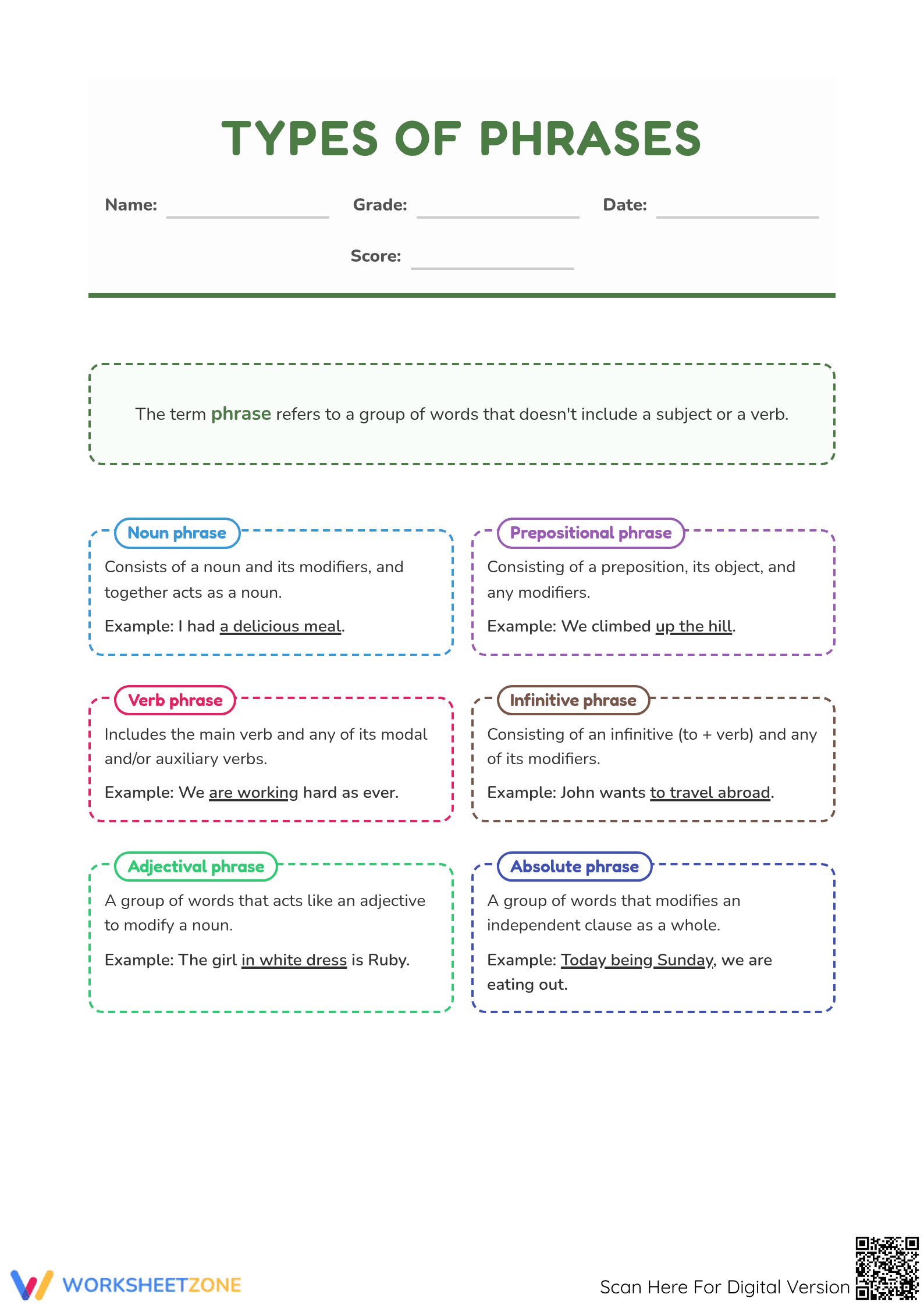 Types of Phrases Worksheet | Grade 7 ELA Printable - Page 1