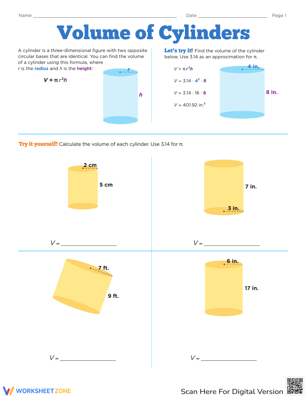 Calculate Volume of Cylinders - Page 1