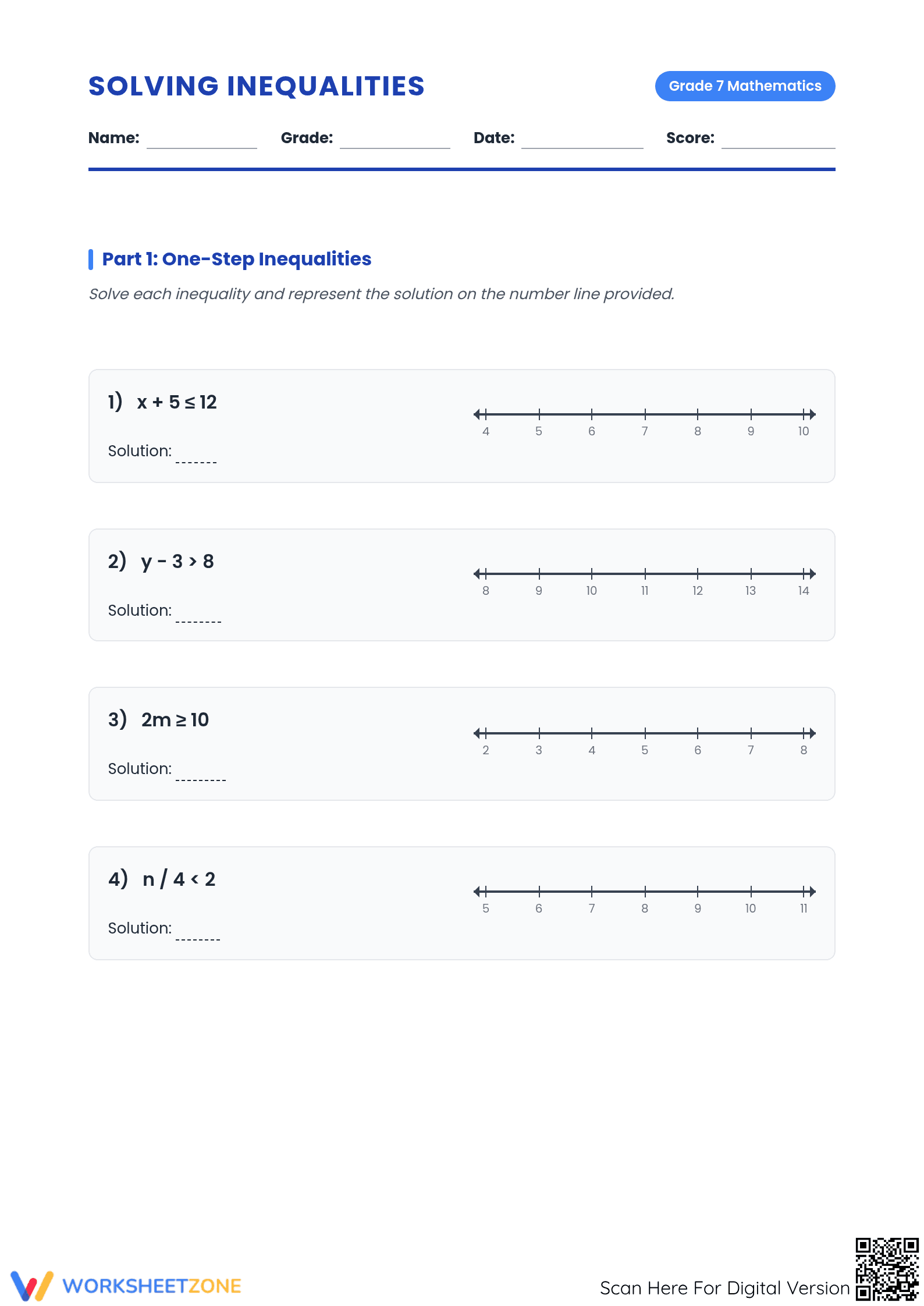 Printable Solving Inequalities Worksheet | Grade 7 Math - Page 1