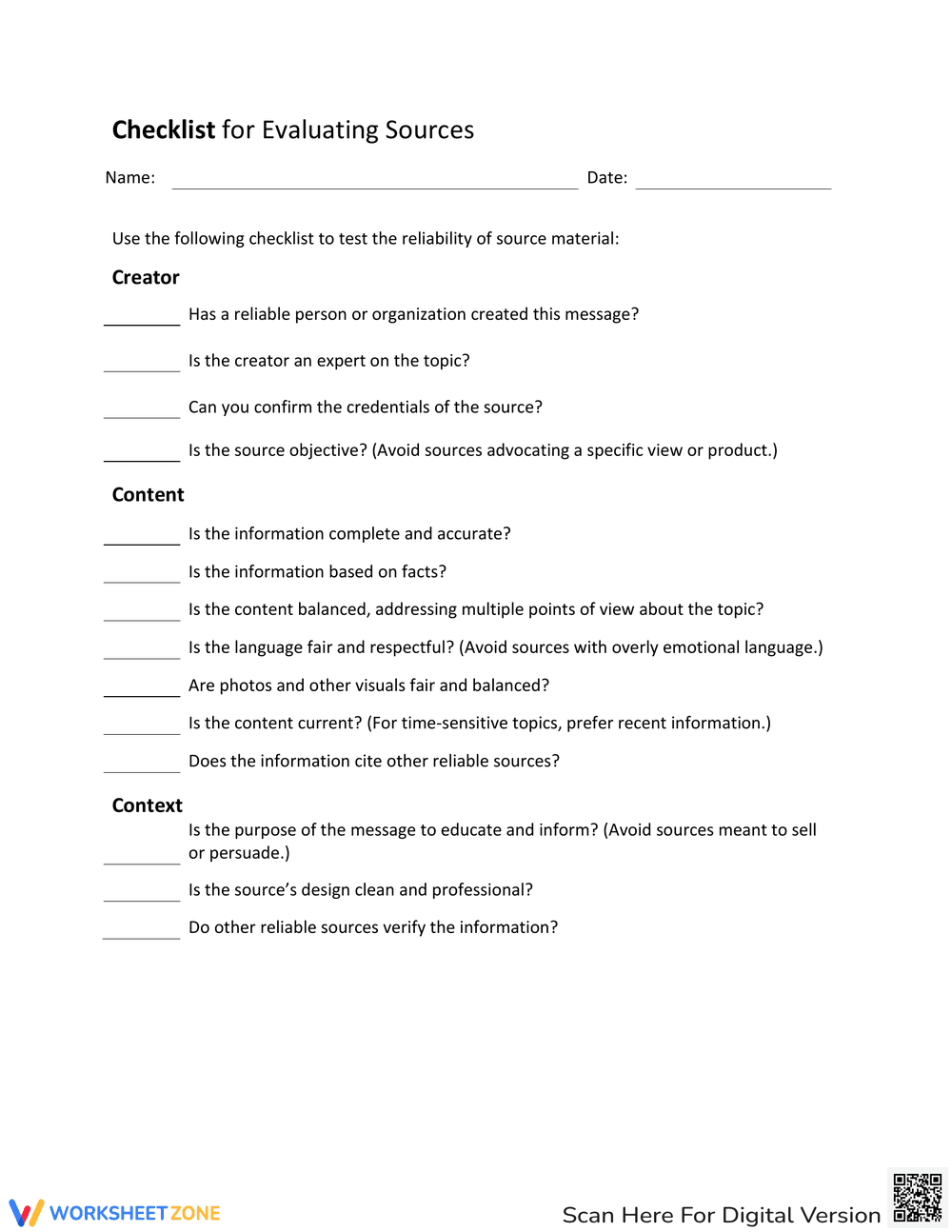 Checklist for Evaluating Sources - Page 1