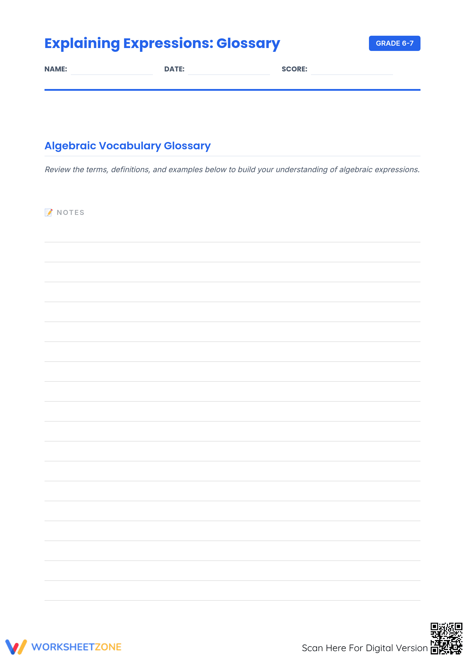 Essential Algebraic Expressions Vocabulary Cards | Grade 6-7 - Page 1