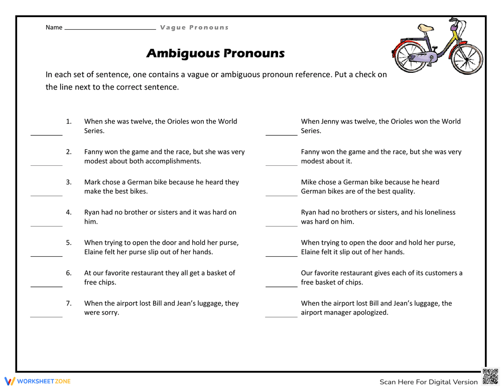 Ambiguous Pronouns Worksheet - Page 1