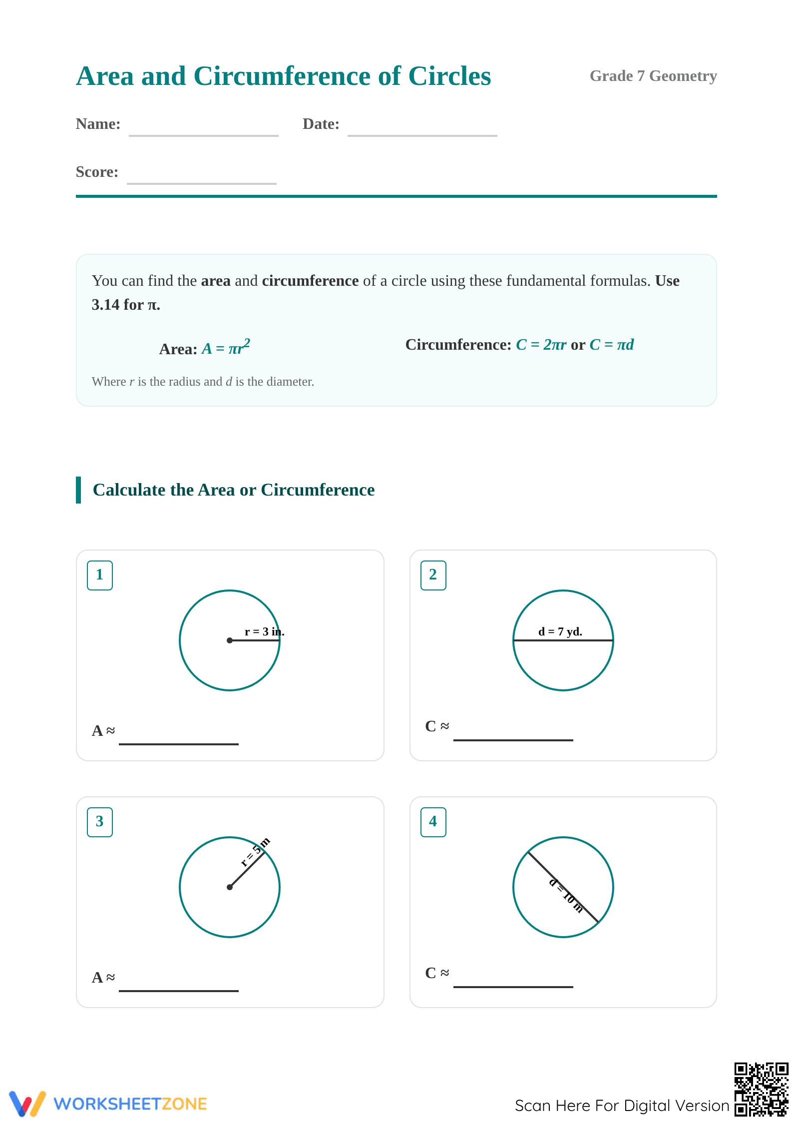 Area and Circumference of Circles | Grade 7 Printable - Page 1