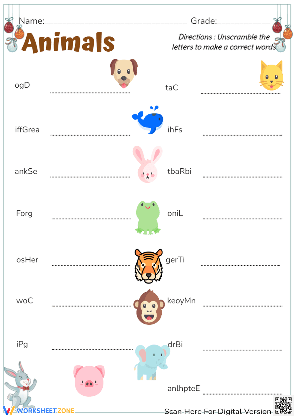 Animal Word Scramble Worksheet | Grade 1-3 Essential - Page 1