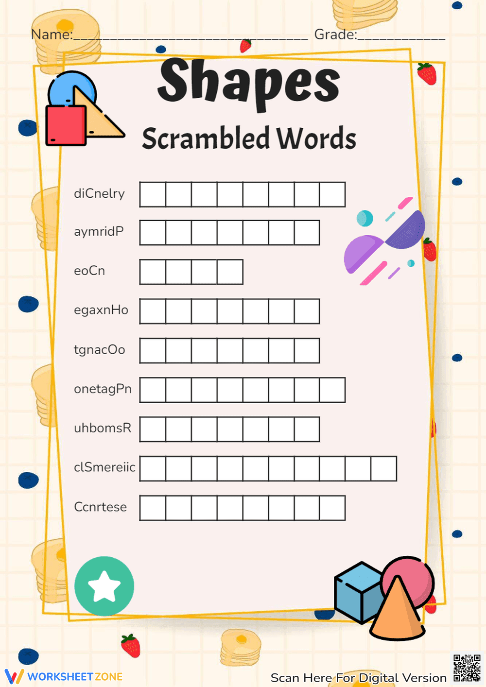 Essential Shapes Word Scramble Worksheet | Grades 1-4 - Page 1