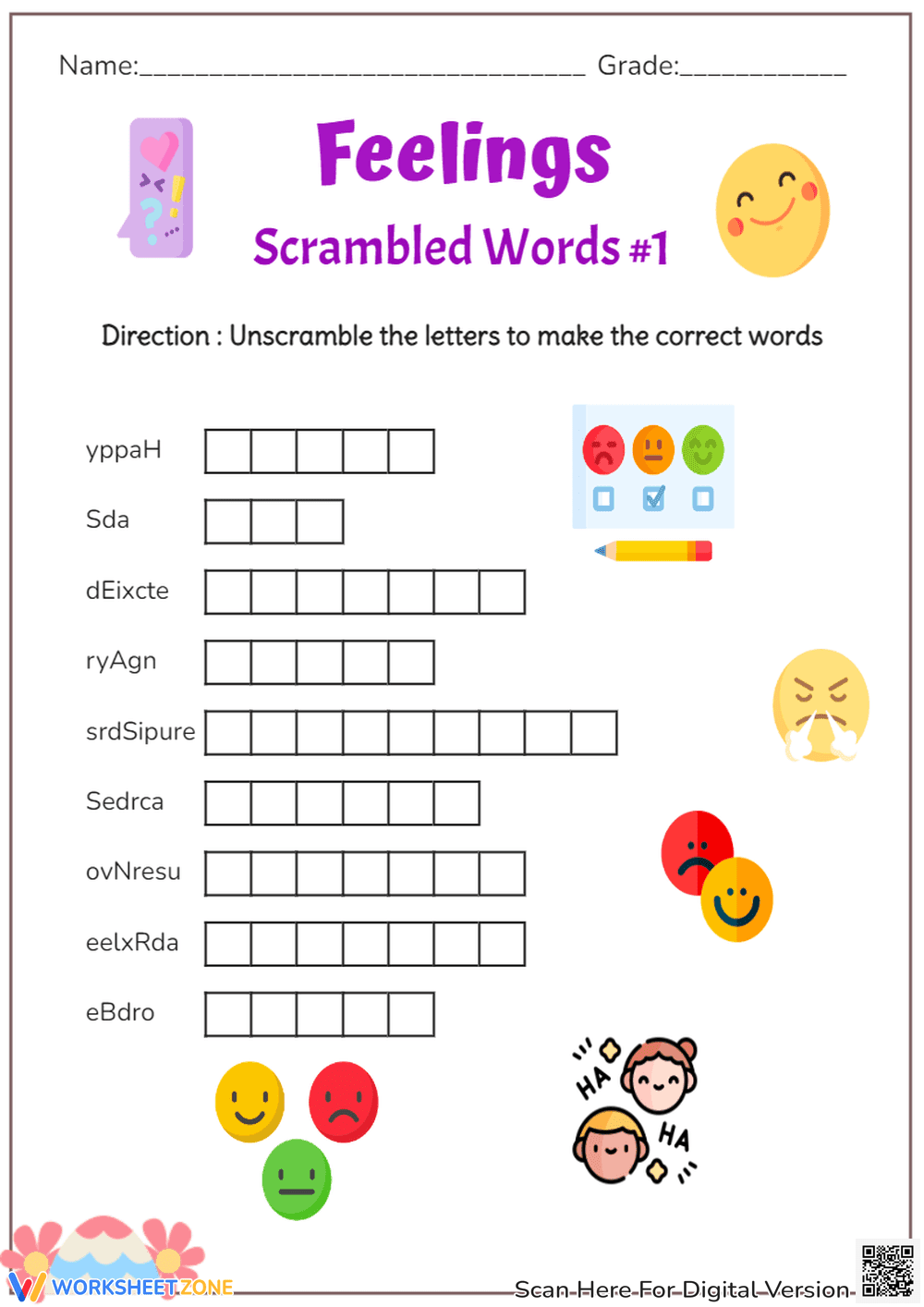Feelings Scrambled Words Worksheet | Grade 1 Essential - Page 1