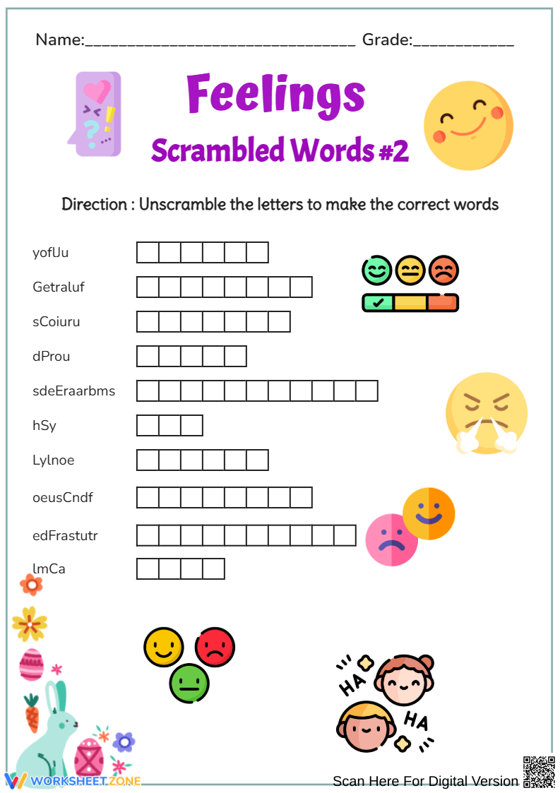 4th Grade Scrambled Words: Feelings Vocabulary - Page 1
