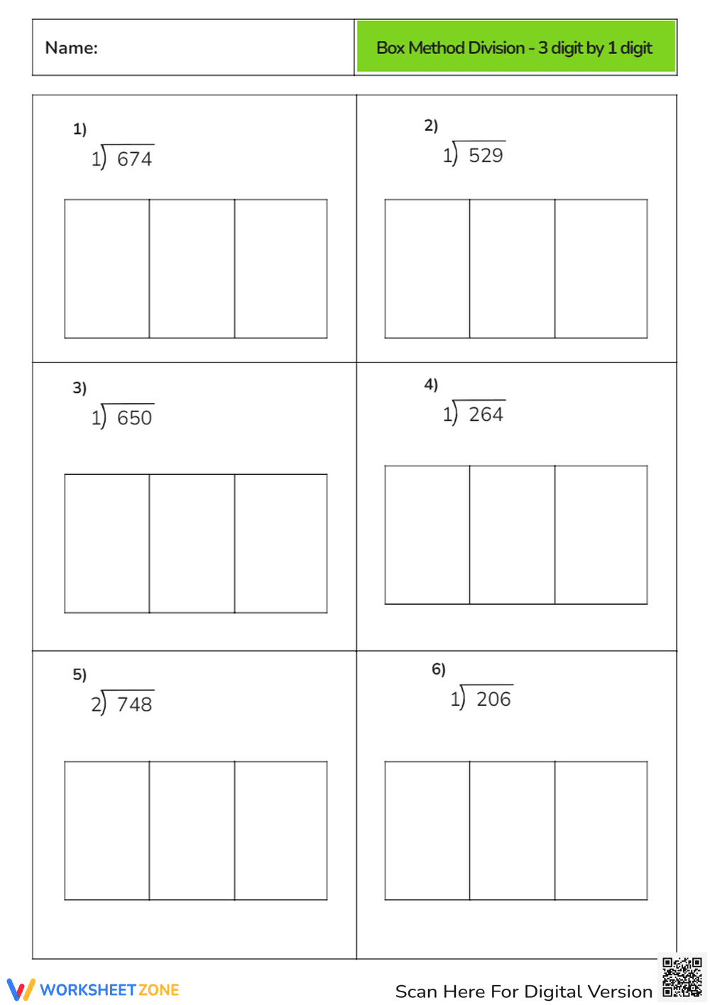 Box Method Division - 3 Digit by 1 Digit Worksheet - Page 1