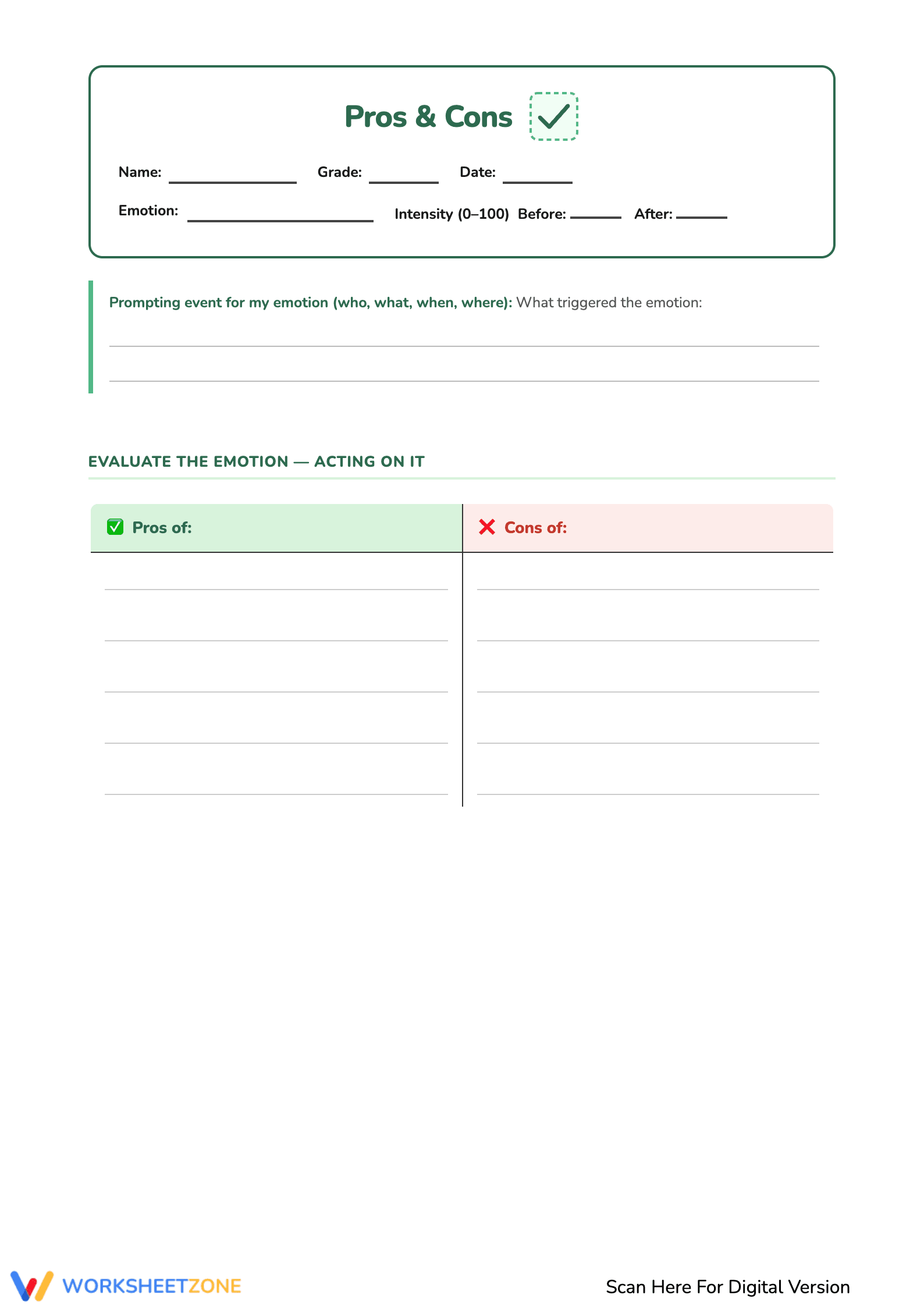 Emotion Tracking and Decision Pros & Cons Template - Page 1