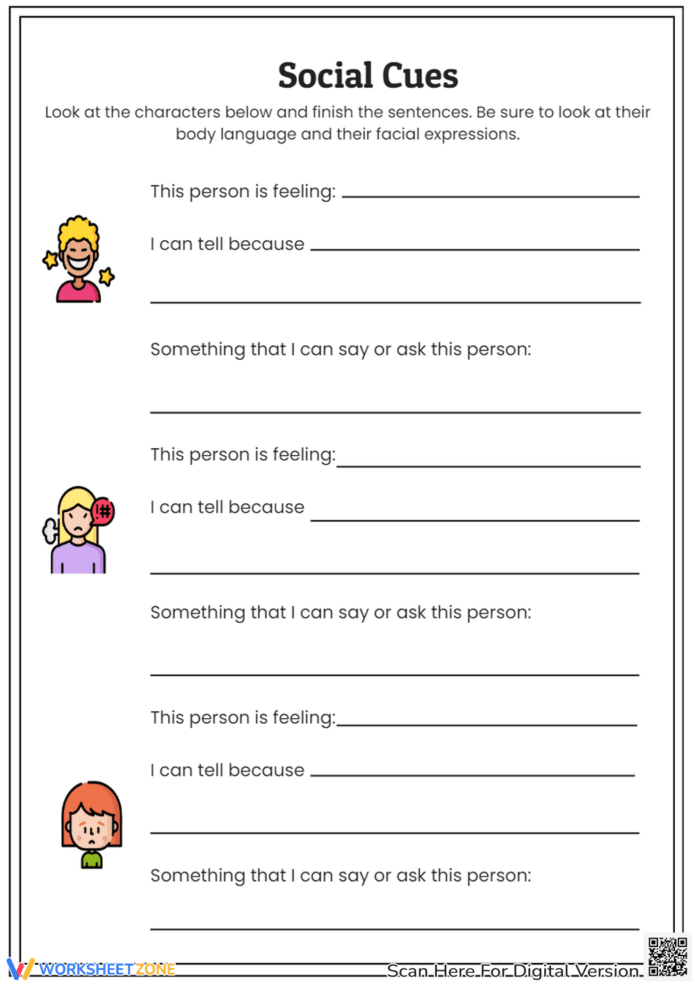 Social Cues Worksheet | Social Emotional Learning - Page 1