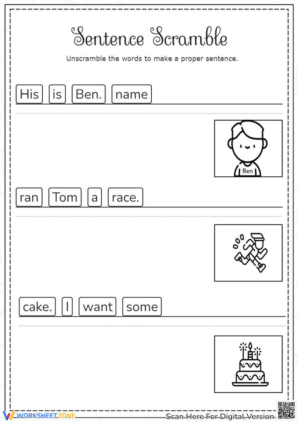 Sentence Scramble Worksheets - Page 1
