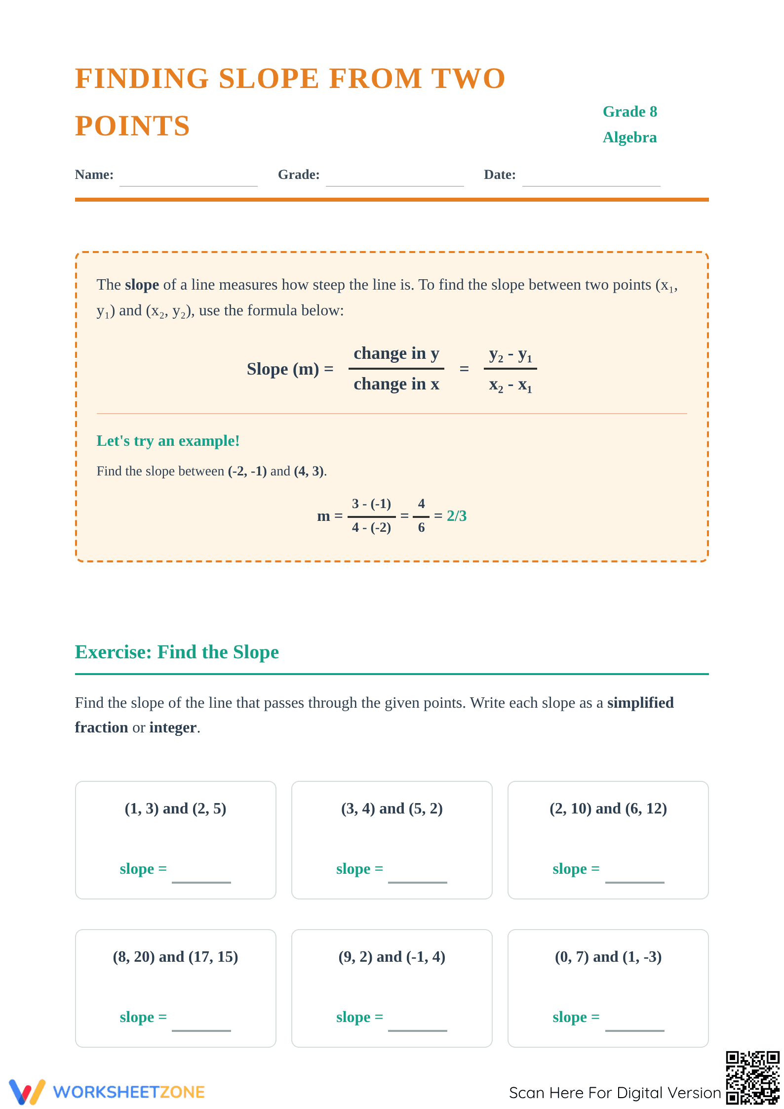 Finding Slope From Two Points Worksheet | Grade 8 Printable - Page 1