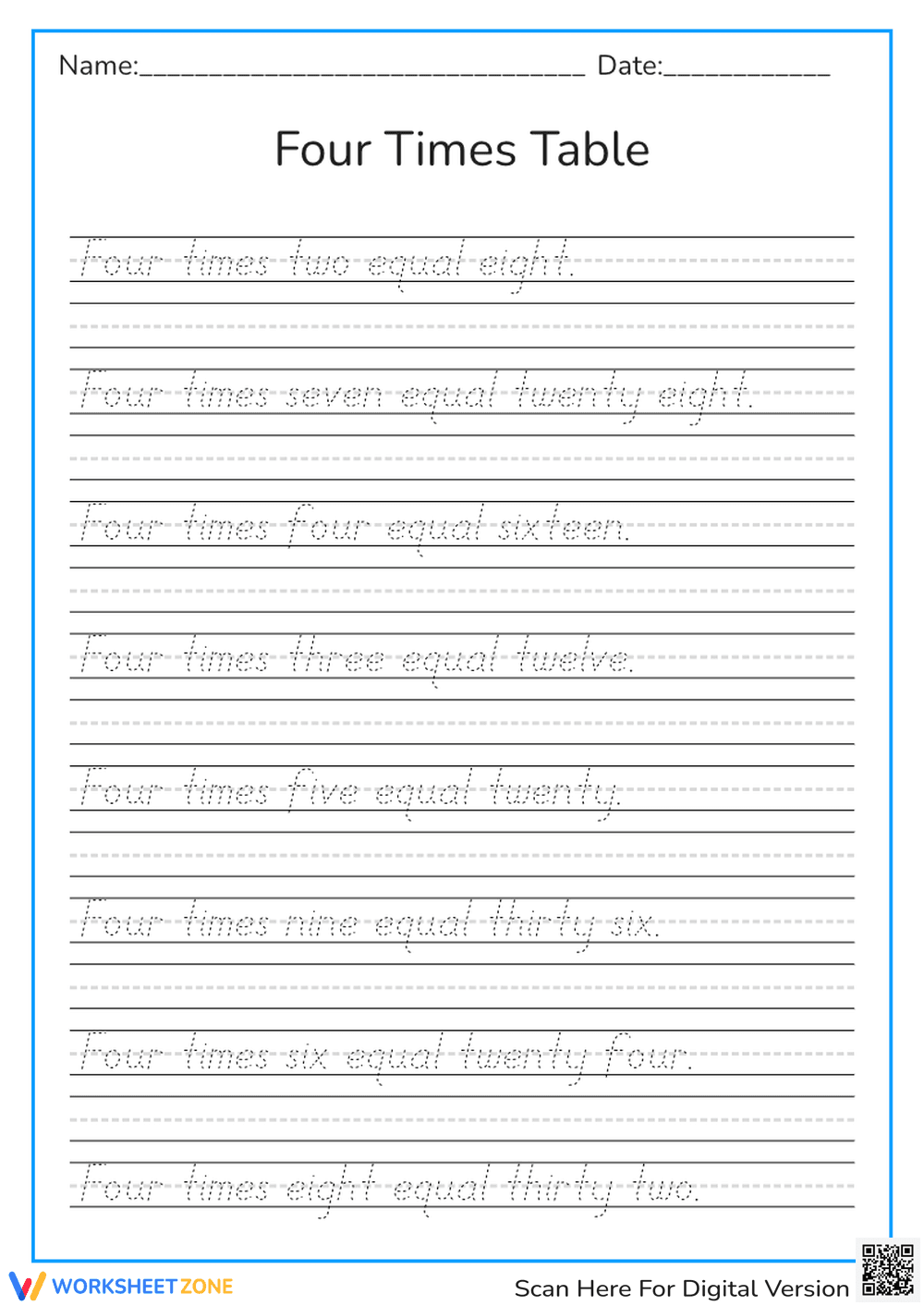 Four Times Table Handwriting Practice | Essential Grade 3-4 - Page 1