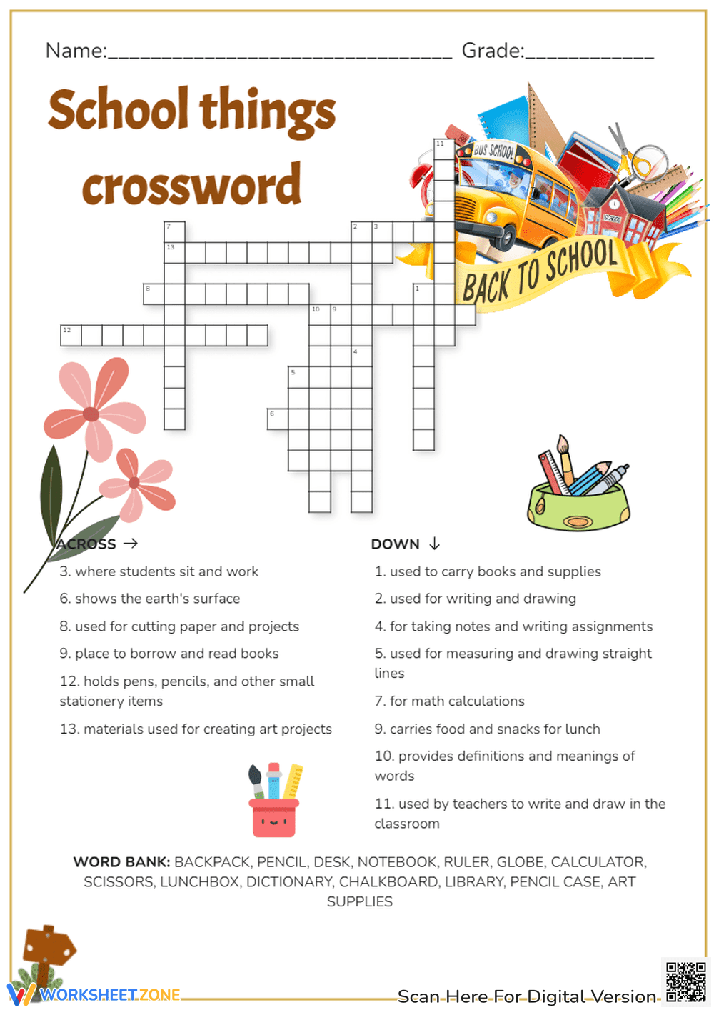 School Things Crossword | Grade 1-4 Printable - Page 1