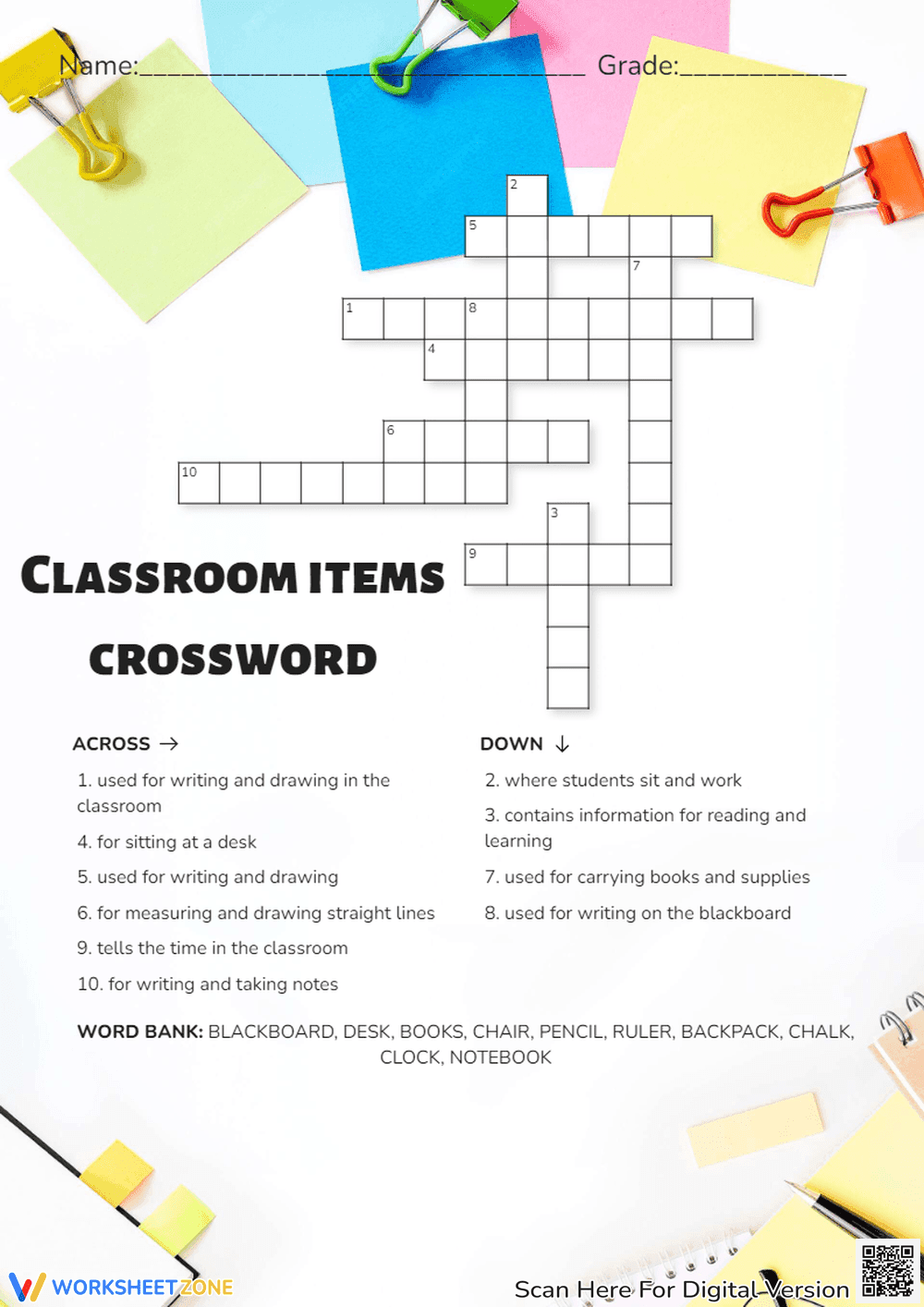 Classroom Items Crossword | Essential Grade 1-4 Worksheet - Page 1