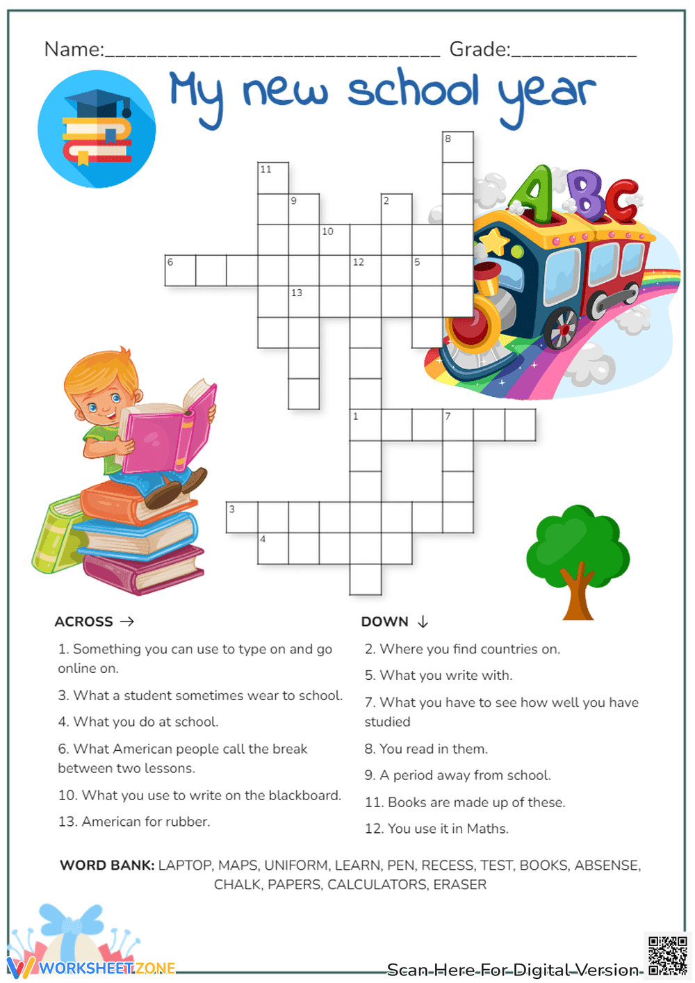 Back to School Crossword | Grade 1-4 Printable - Page 1