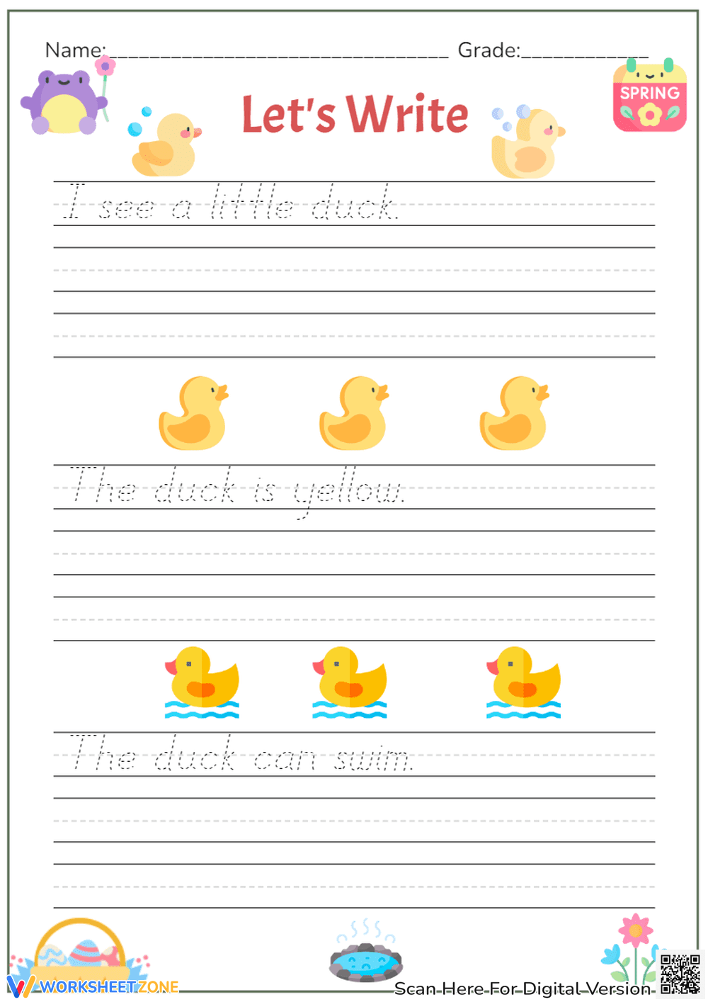Duckling Handwriting Practice - Spring Sentence Tracing Worksheet - Page 1