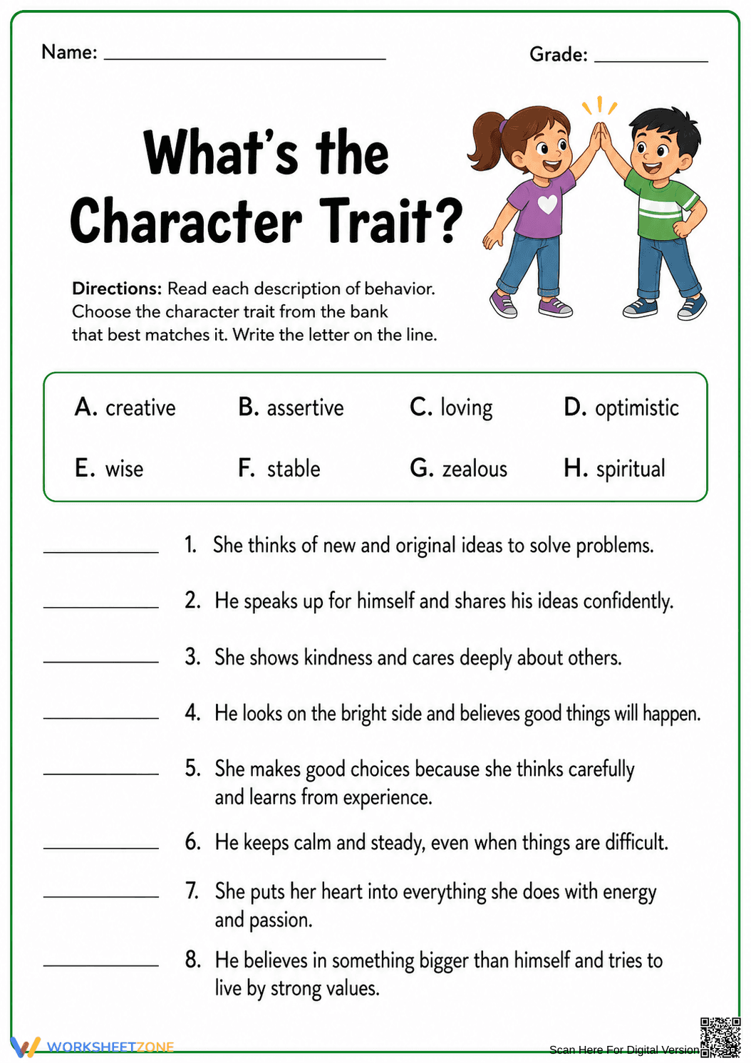 Grade 4 Character Traits — Printable No-Prep Worksheet - Page 1