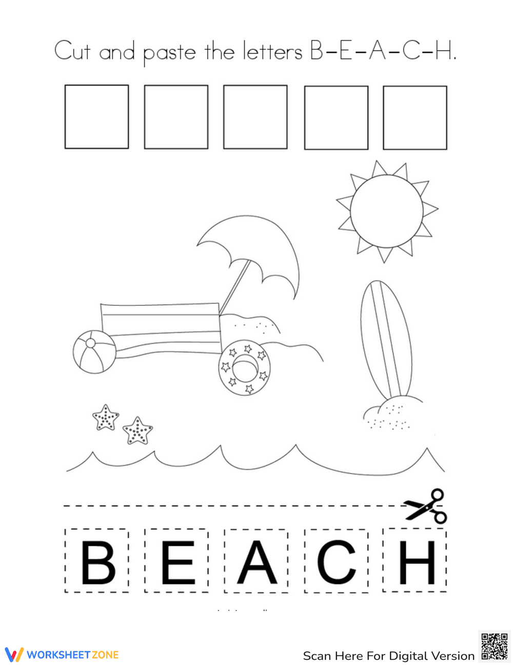 BEACH Spelling Worksheet | Grade K-1 Printable - Page 1