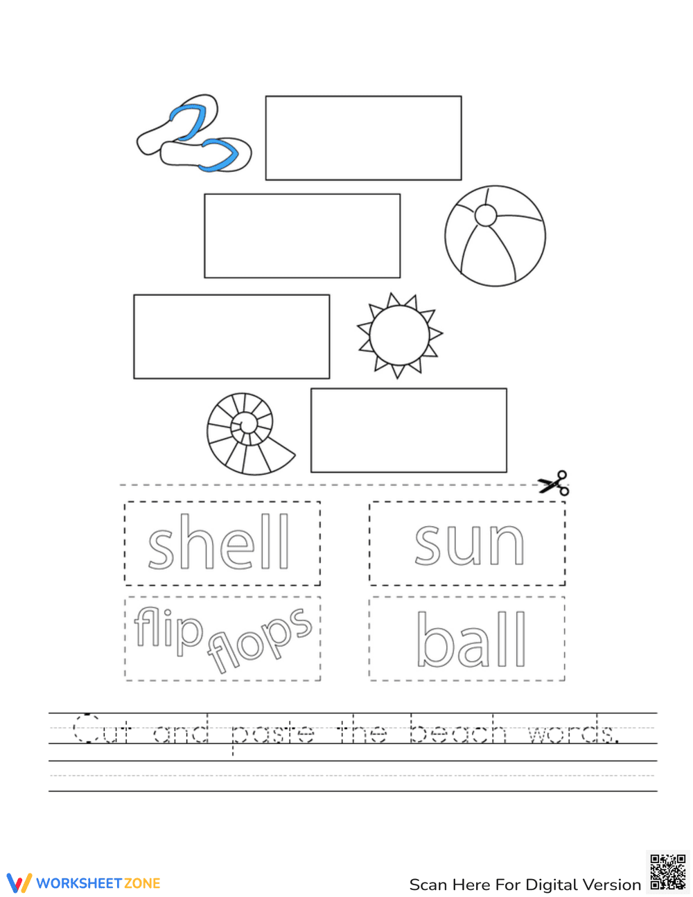 Beach Words Cut and Paste Activity - Page 1