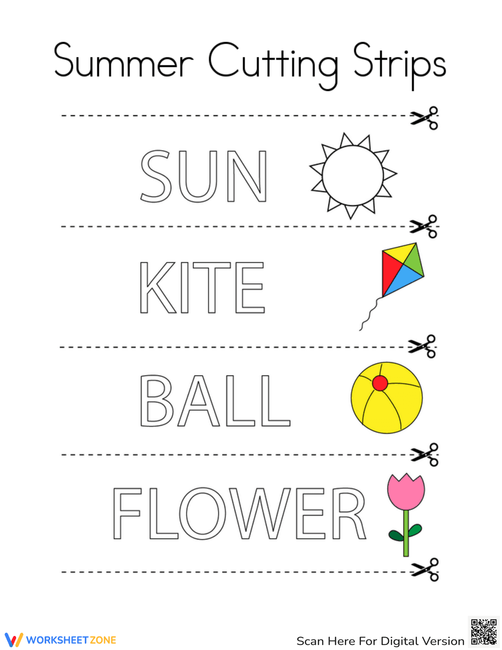 Summer Cutting Strips Worksheet - Page 1