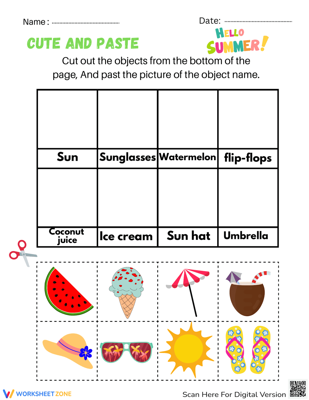 Cut and Paste Summer Theme Worksheet - Page 1