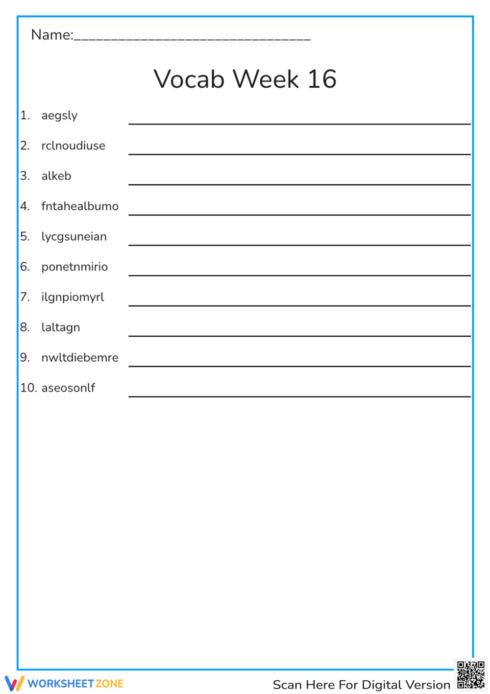 Grade 7 Vocab Scramble — Printable Week 16 Worksheet - Page 1
