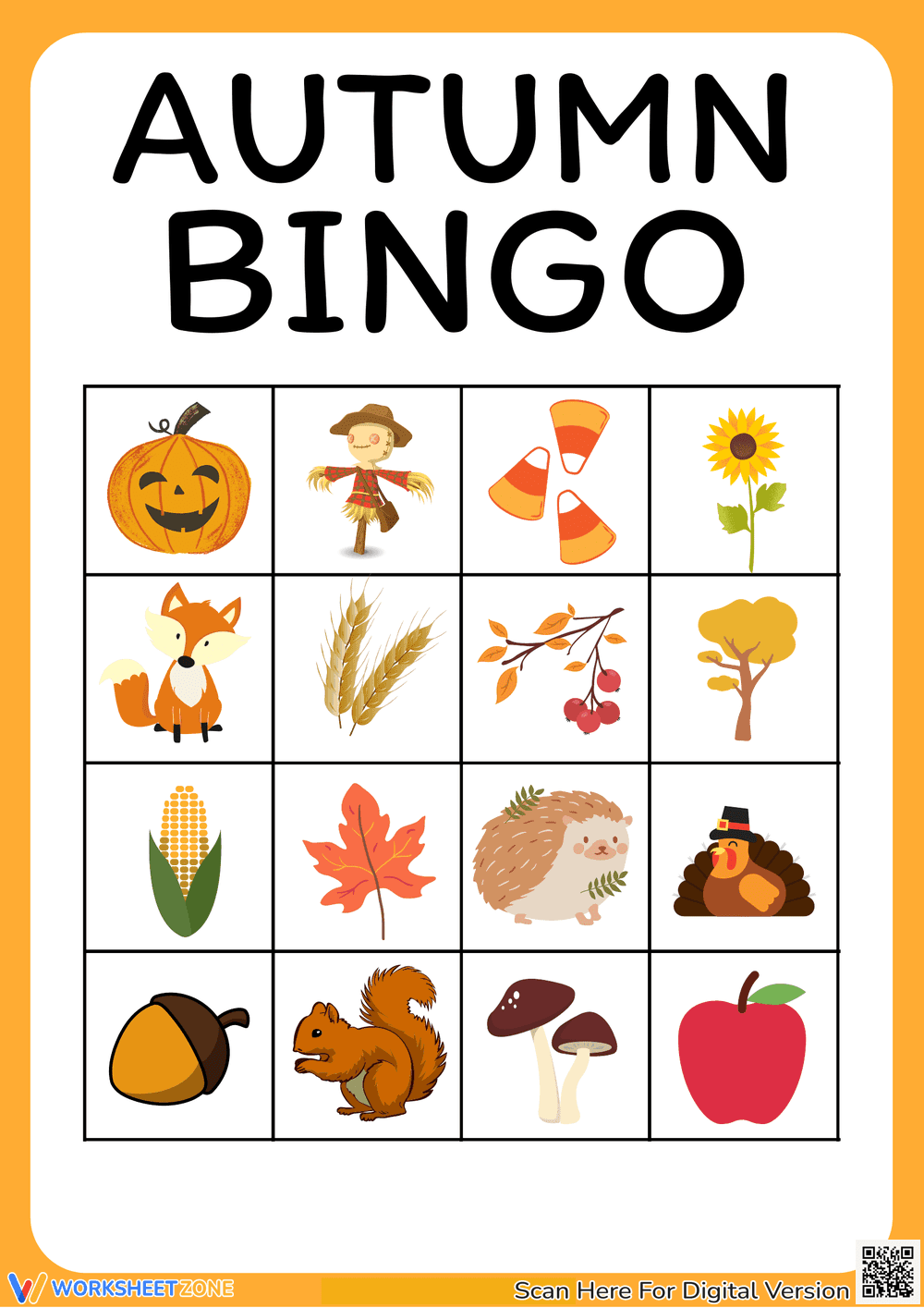 Colorful Autumn Bingo Vocabulary Game Board - Page 1