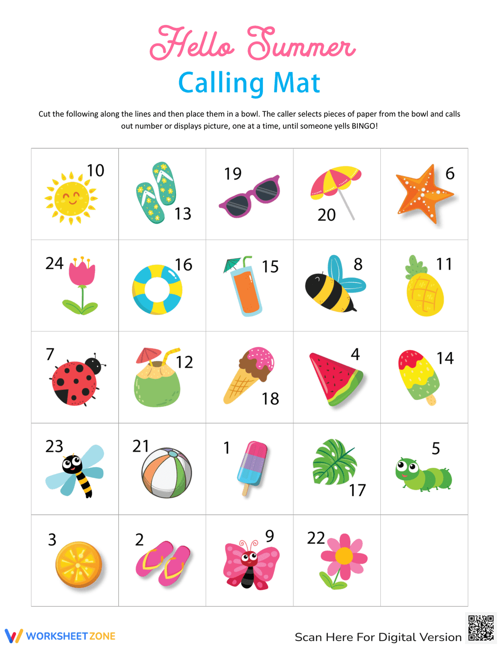Hello Summer Bingo Cards Worksheet for Kids - Page 1