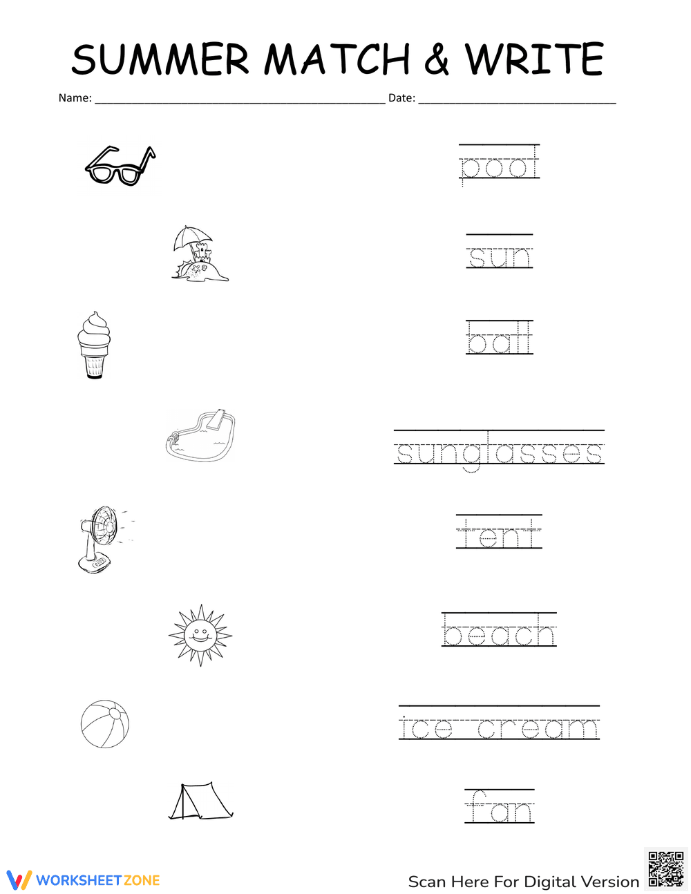 Summer Match and Write Activity - Page 1