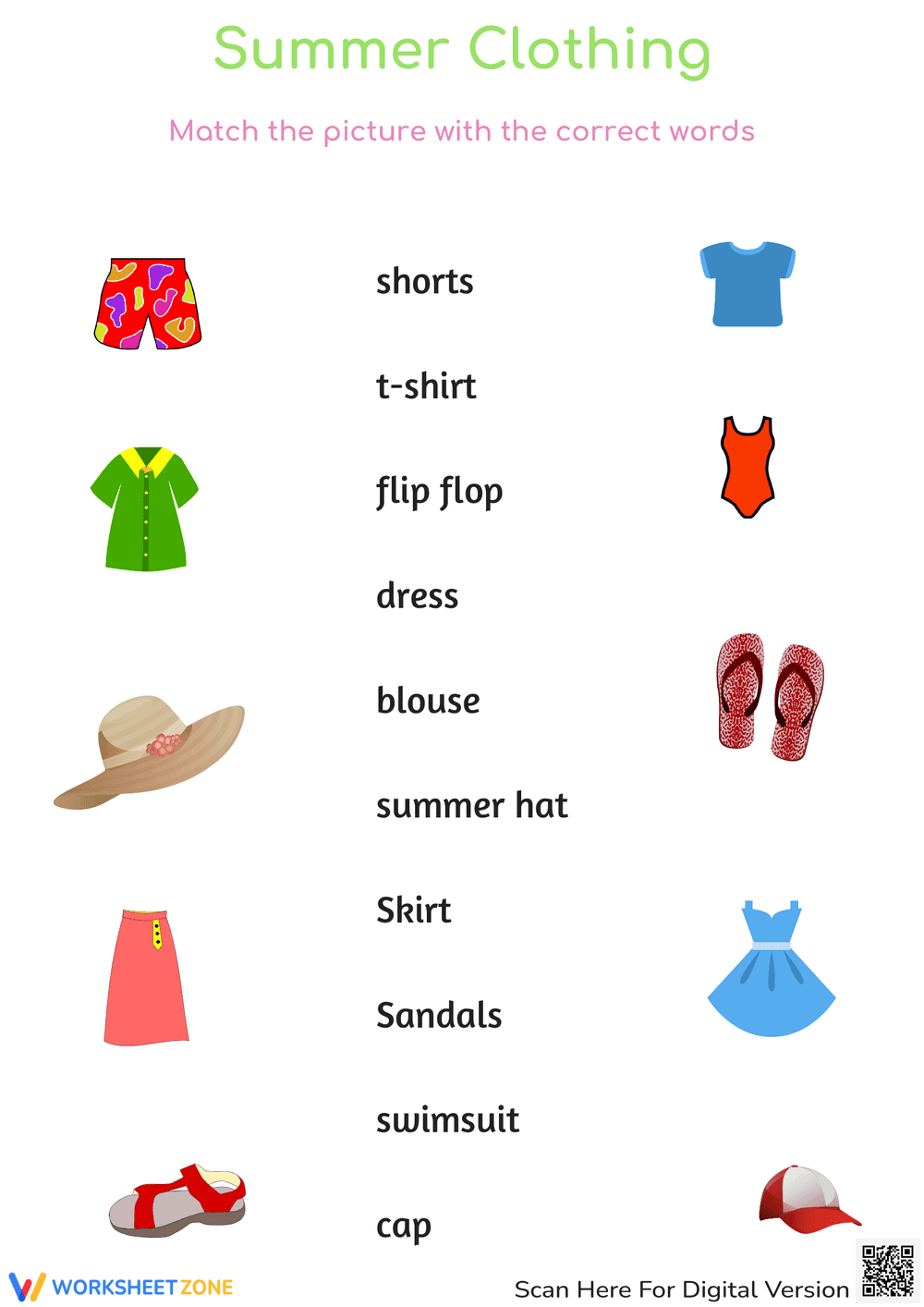 Summer Spelling Clothing Worksheet - Page 1