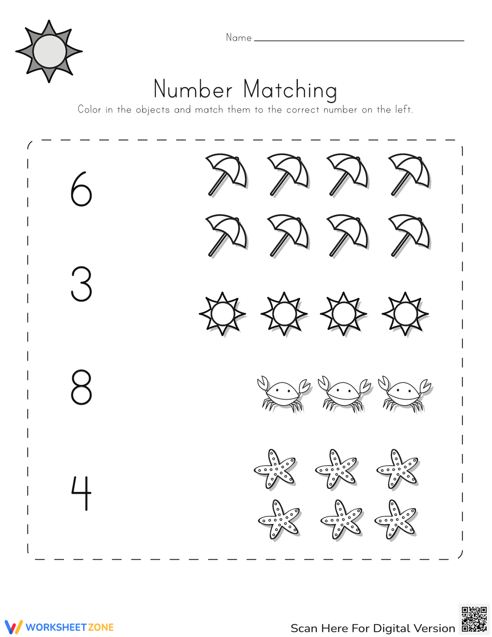 Summer Number Matching Worksheet - Page 1