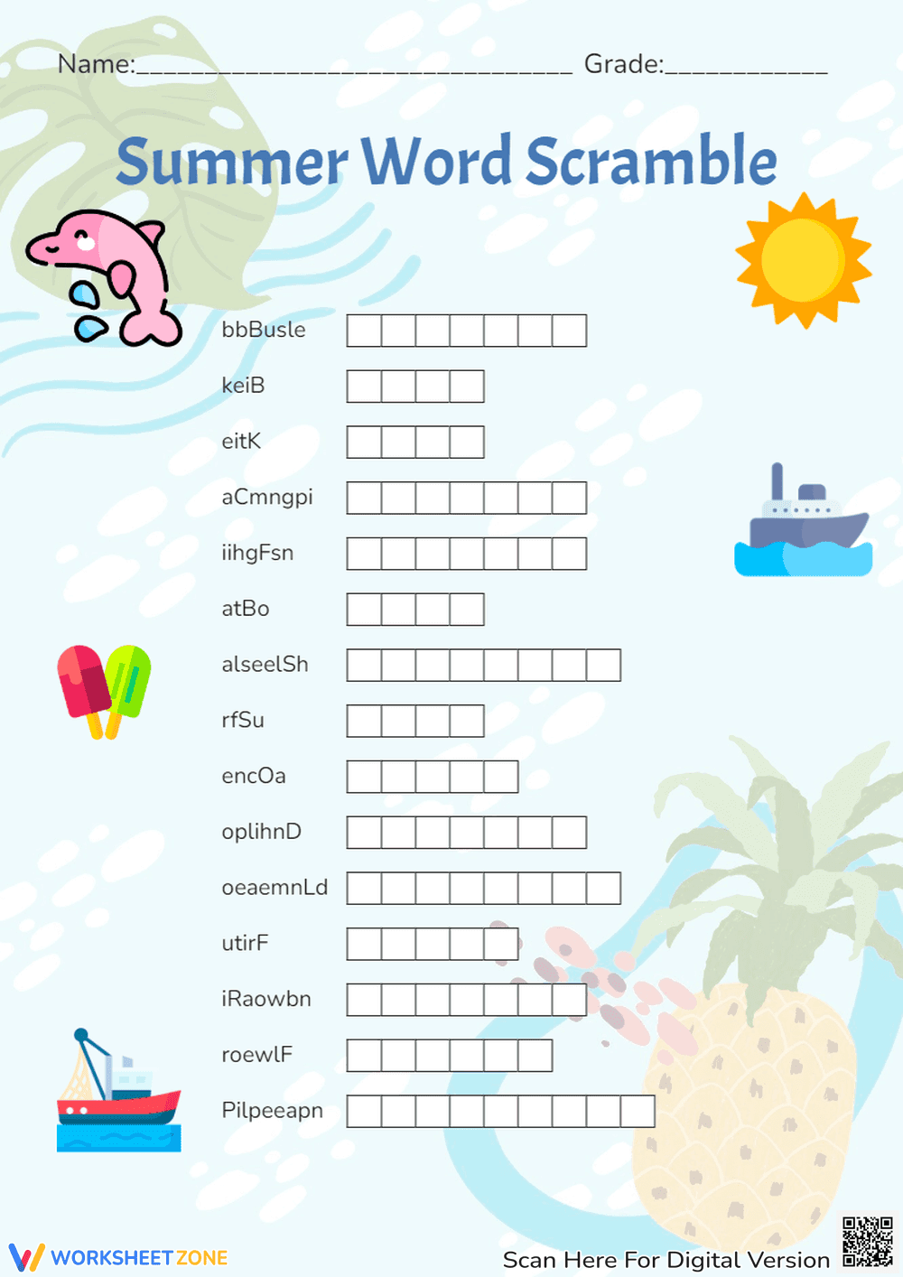 Summer Word Scramble Worksheet | Grade 1-3 Printable - Page 1