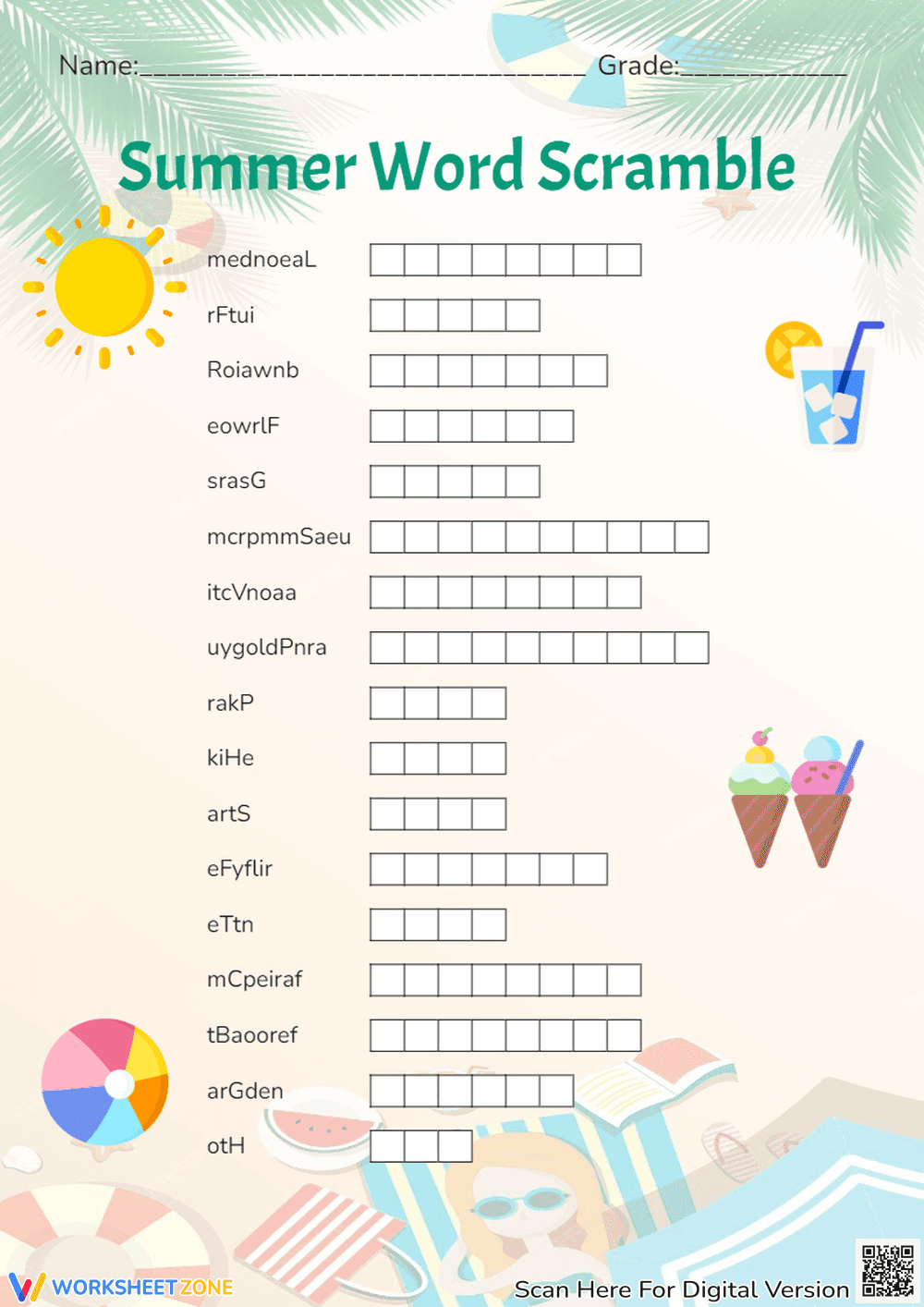 Summer Word Scramble Worksheet | Grade 1-3 Printable - Page 1