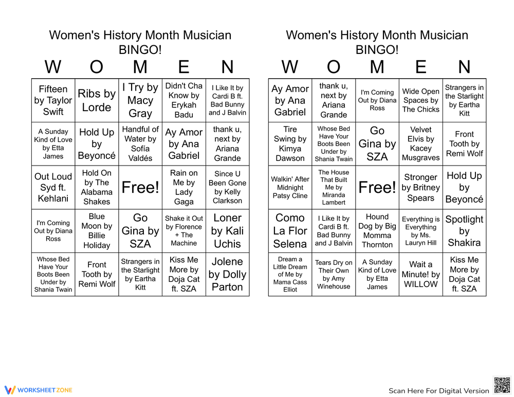 Women's History Month Musician Bingo - Page 1