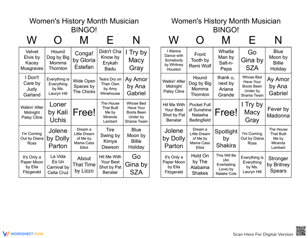 Women's History Month: Musician Bingo Game - Page 1