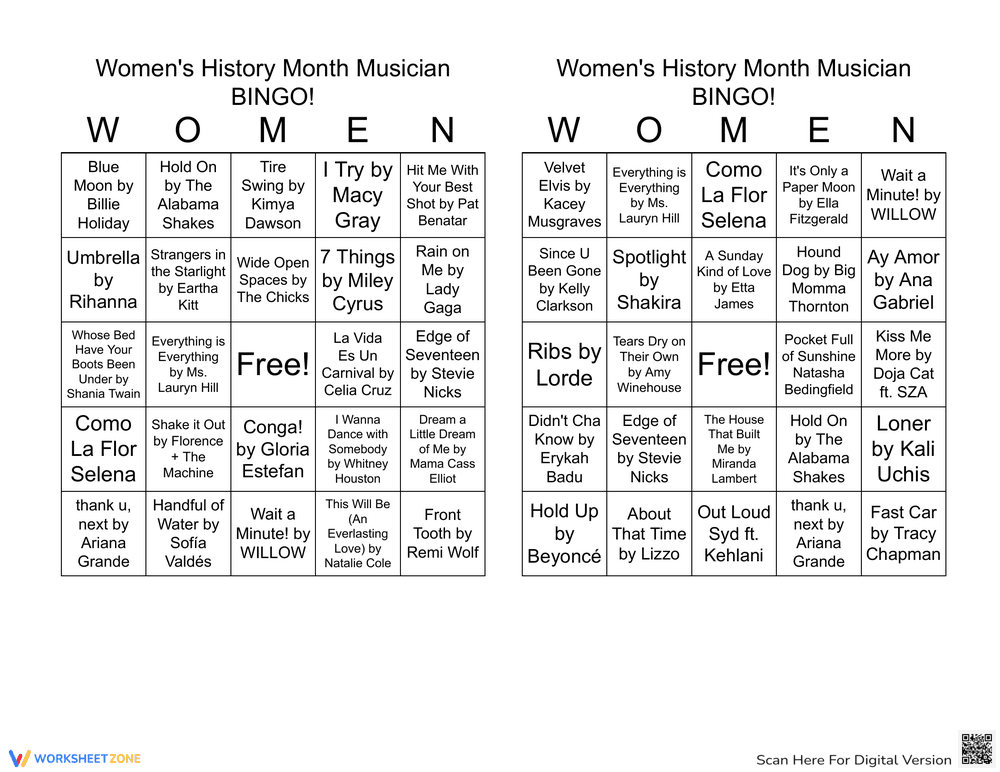 Women's History: Printable Musician Bingo Game - Page 1