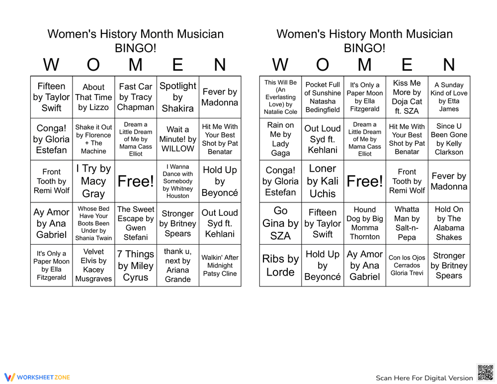 Interactive Women's History Musician Bingo - Page 1