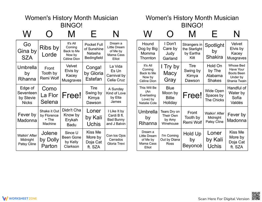 Educational Women's History Bingo Worksheet - Page 1