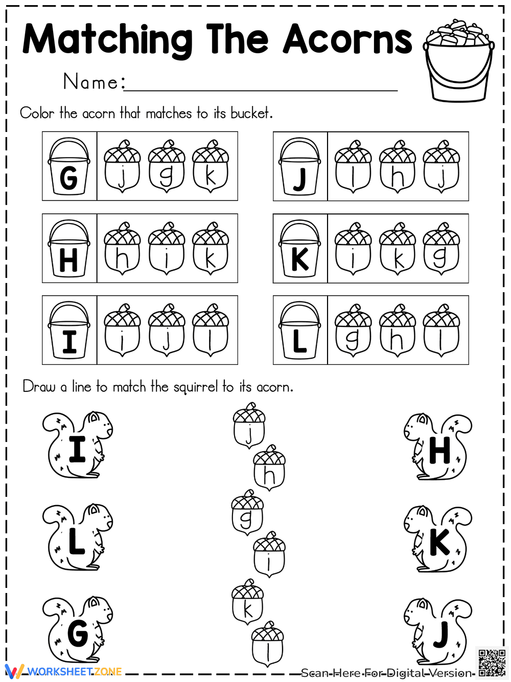 Match Letters with Fall Acorns Matching Game - Page 1
