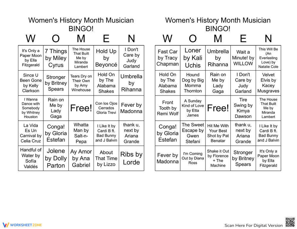 Women's History Month: Musical Bingo Worksheet - Page 1