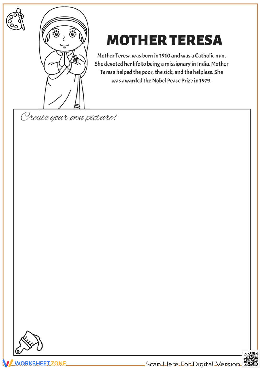 Mother Teresa Drawing Worksheet | Grade 1 Essential - Page 1