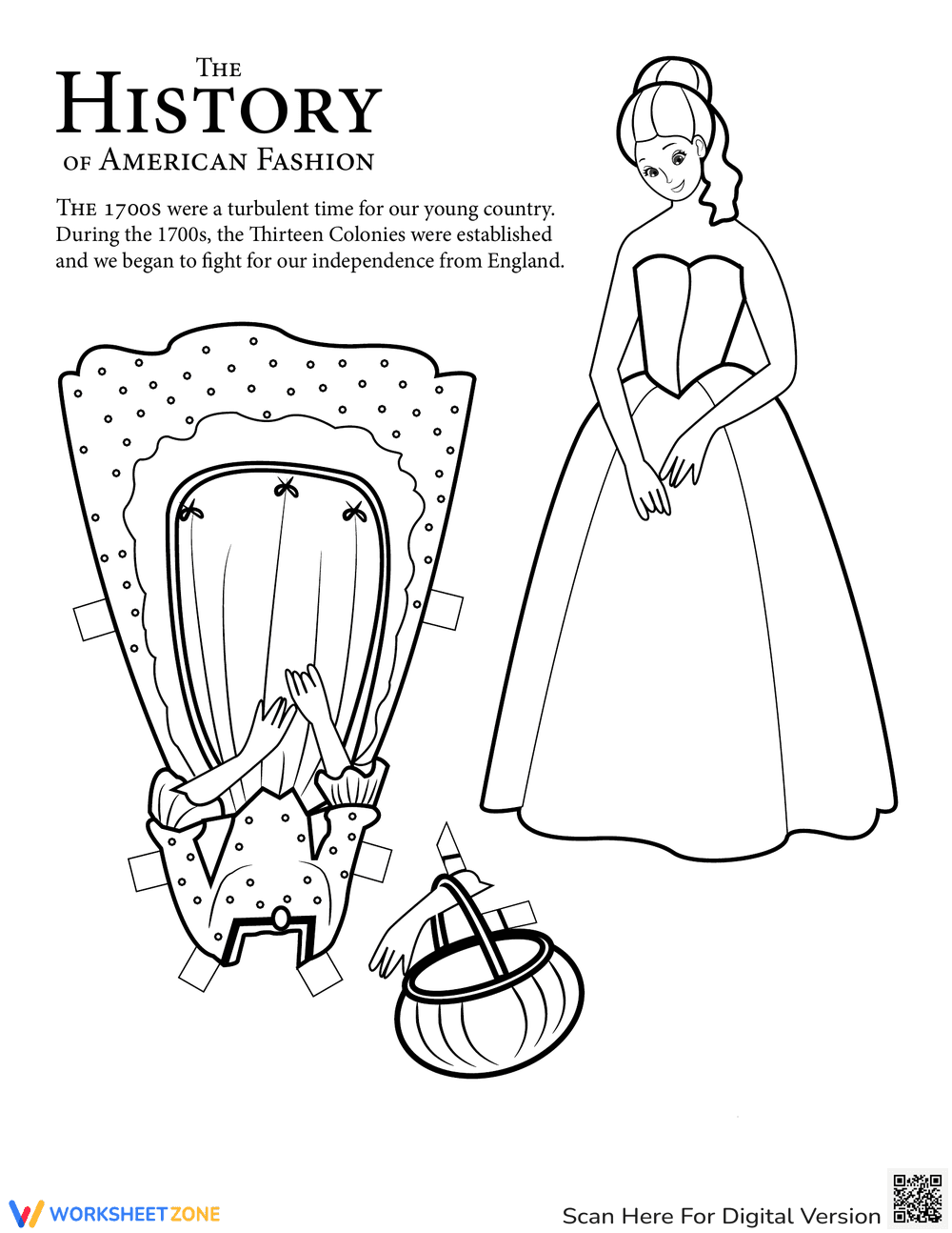 Colonial Paper Doll Girl Activity Sheet - Page 1