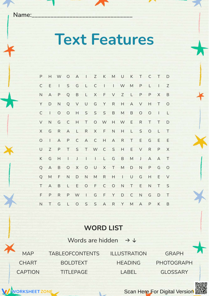 Text Features Word Search Puzzle - Page 1