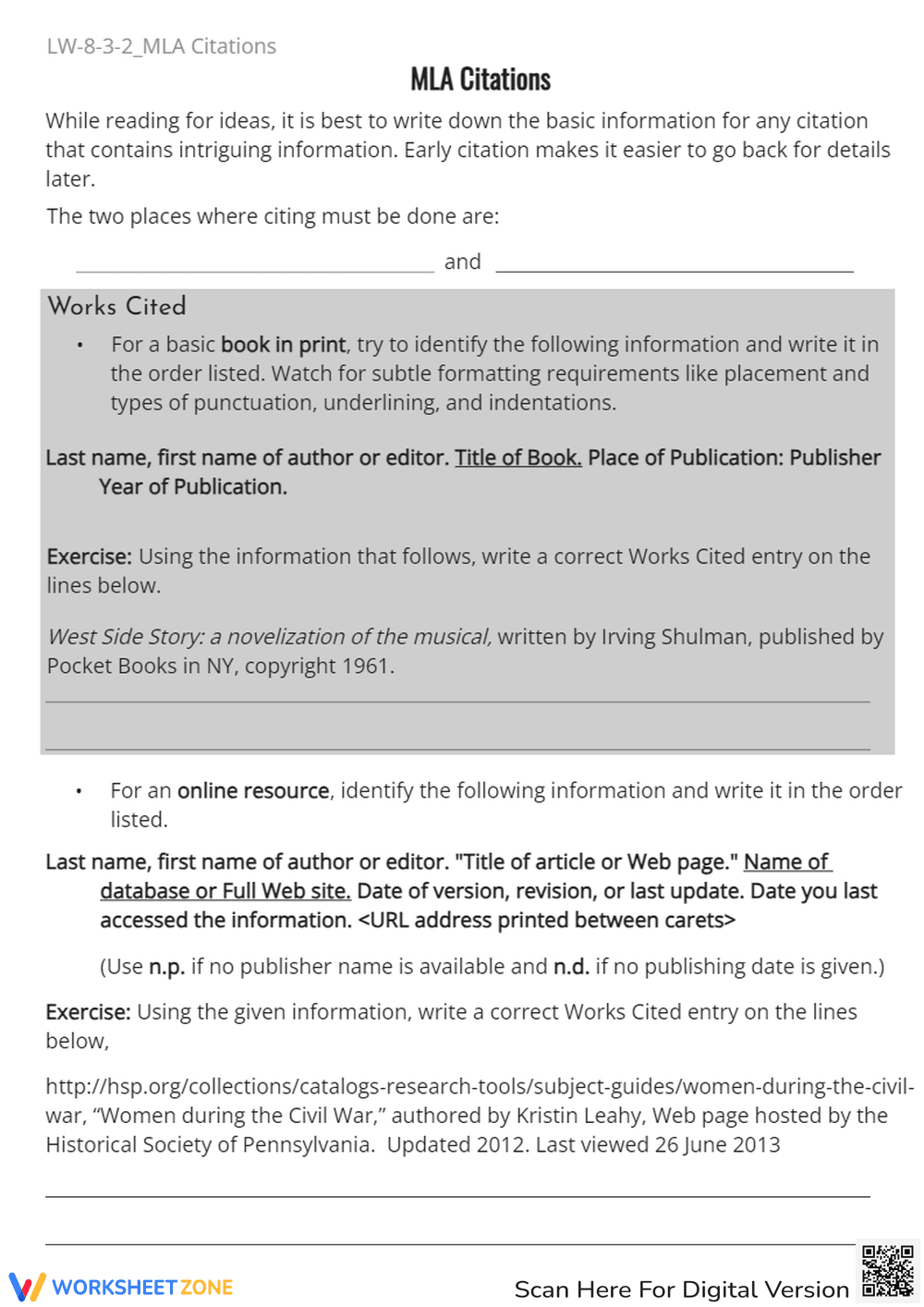 MLA Citation Practice: 'Works Cited' Worksheet for Students - Page 1